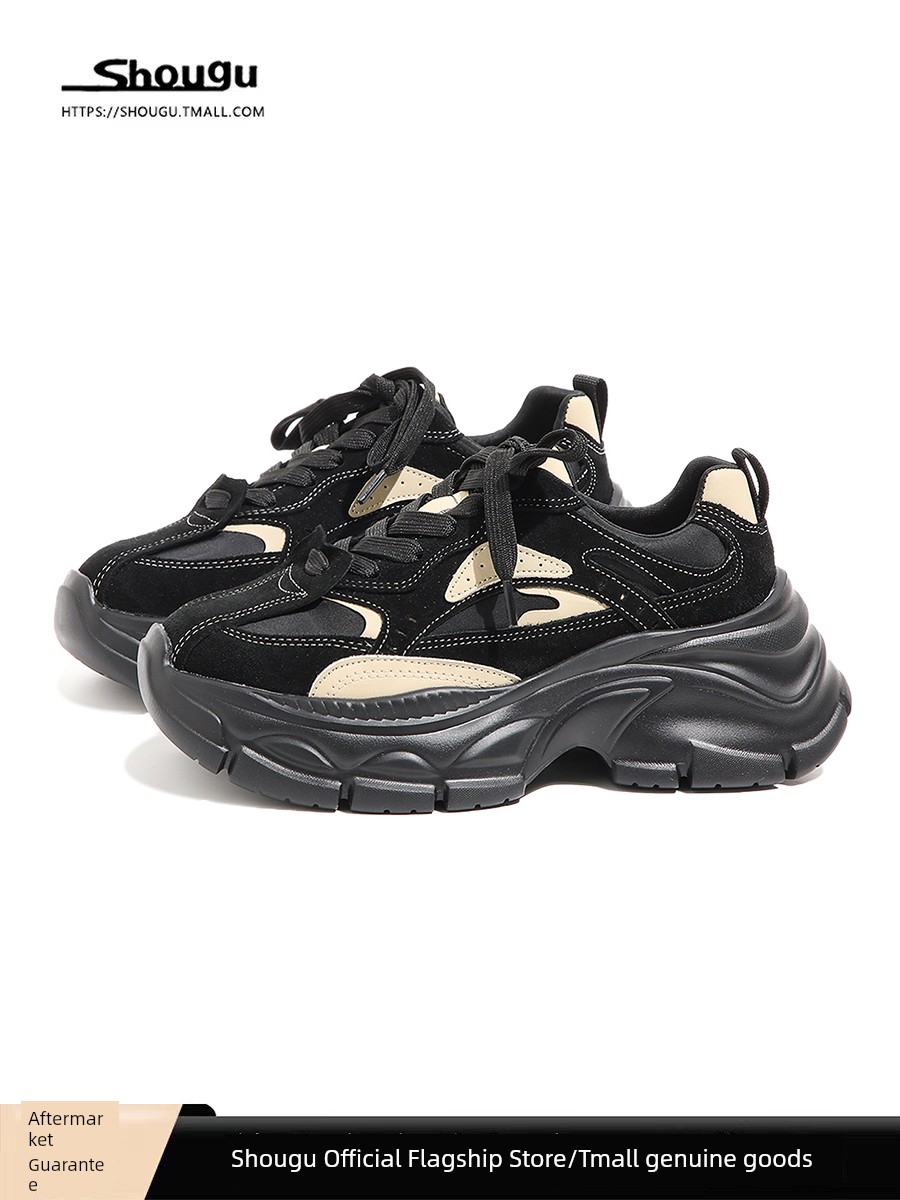 Shougu Is Popular This Year Black Thick Bottom Dad Shoes Women 2024 New Autumn and Winter Fleece-lined Show Feet Small All-Matching Sneaker