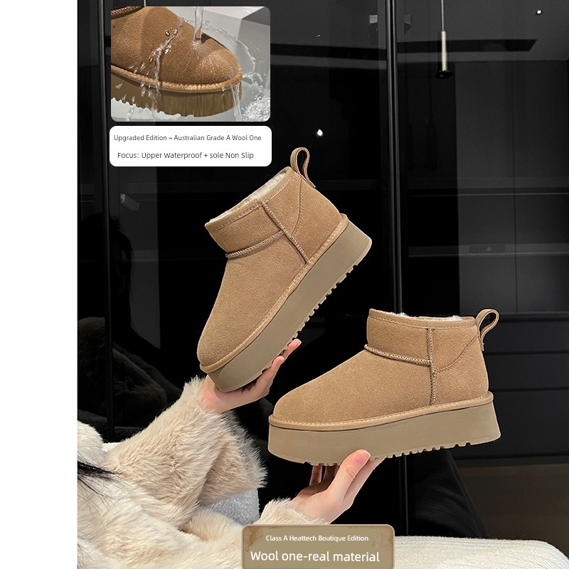 Double Face Wool Leather ~ Uncle's Thick Bottom Waterproof Warm Snow Boots Female 2024 Winter New Arrival Non Slip Outdoor Cotton-Padded Shoes