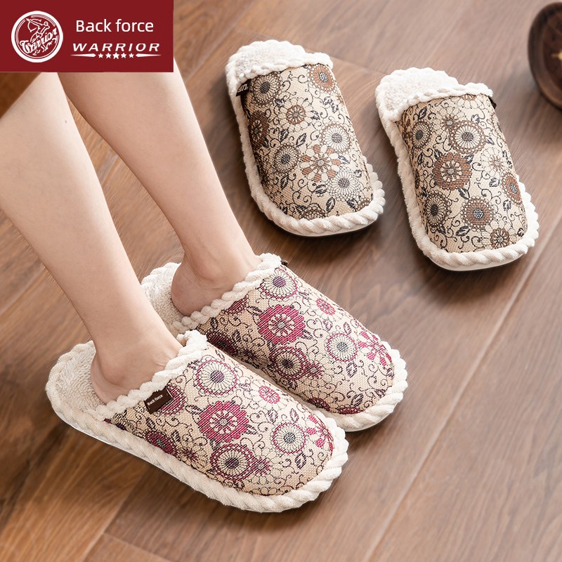 Warrior Old Beijing Cotton Slippers Women's Print Thermal Home Wear Indoor Stuffed Non Slip Middle-Aged and Elderly Closed Toe Cotton Shoes Men