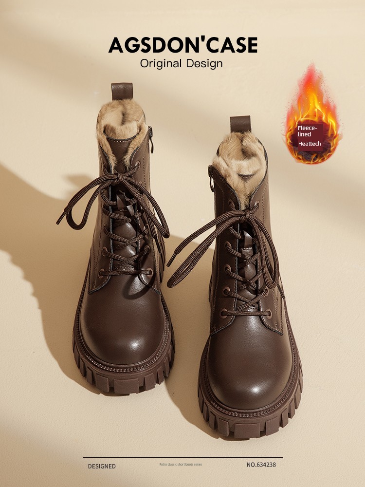 Brown Martin Boots Women 2024 New Autumn and Winter Fleece-lined Thickened Northeast Ankle Boots Thick Bottom Snow Boots Waterproof Cotton-padded Shoes