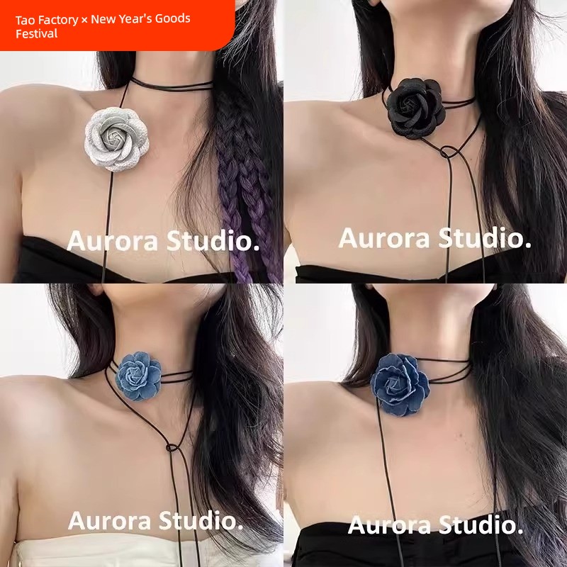 Rose Necklace Choker Neck Flower Black Flower Necklet Neckband Camellia Neck Accessories Necklace Ribbon