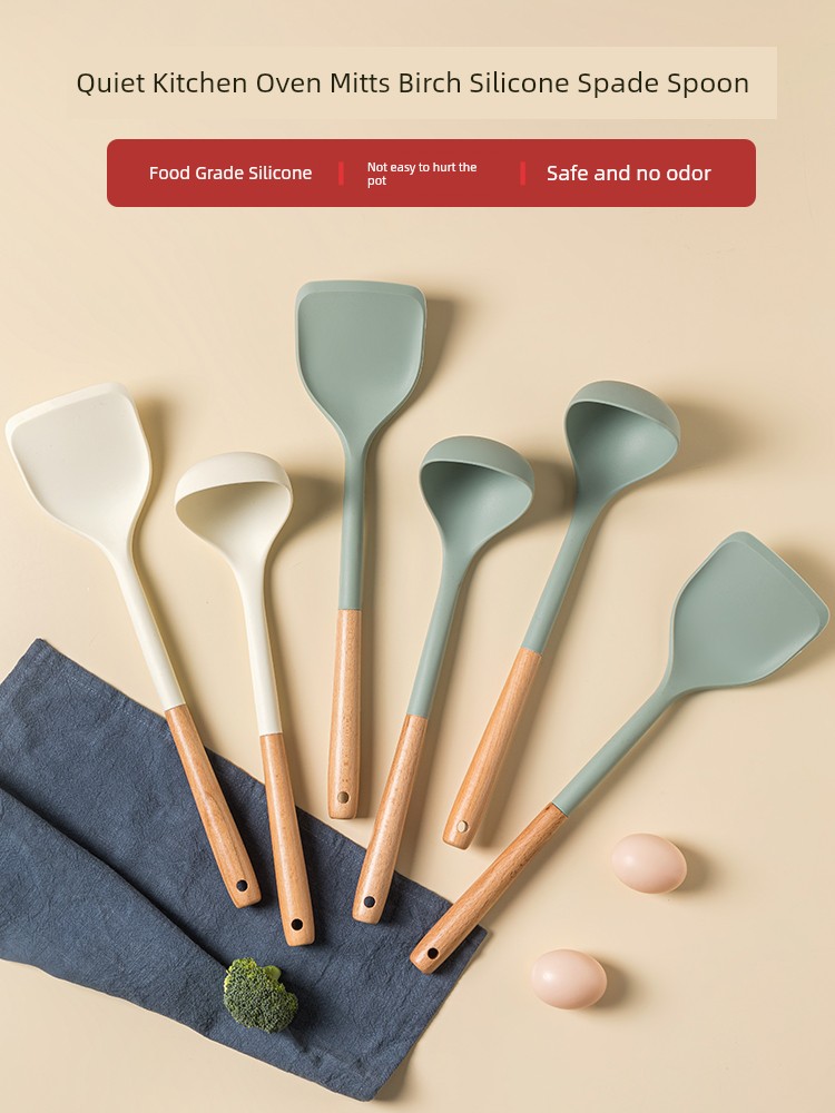 Silicone Spatula Non-Stick Pan Dedicated Cooking Shovel Wooden Spoon Household Kitchenware High-Temperature Resistance Anti-Scald Soup Spoon Set