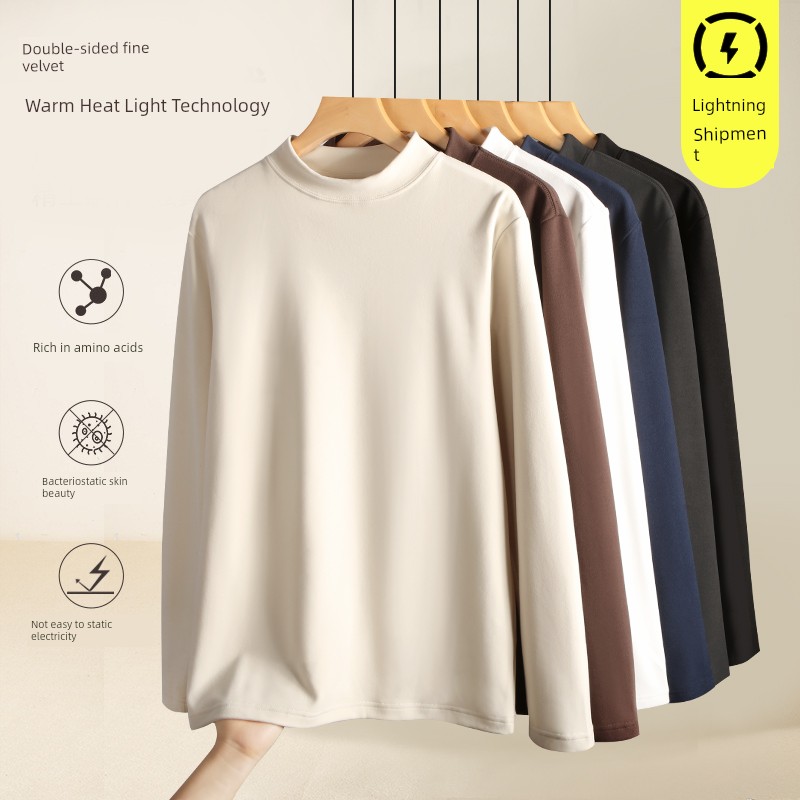 Creamy-white Double-Sided Velvet Undershirt Sweater Women's 2025 New Arrival Couple Loose and High-Elastic Dralon Inner Wear Heattech Tops