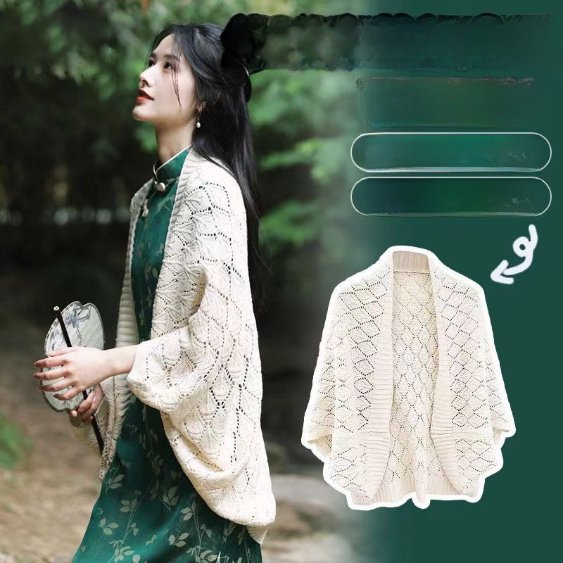 Chinese Vintage Cheongsam Shawl Outer Match Fashion Female Cut Out Knitting Artsy Spring and Autumn Coat Elegant National Style Cardigan