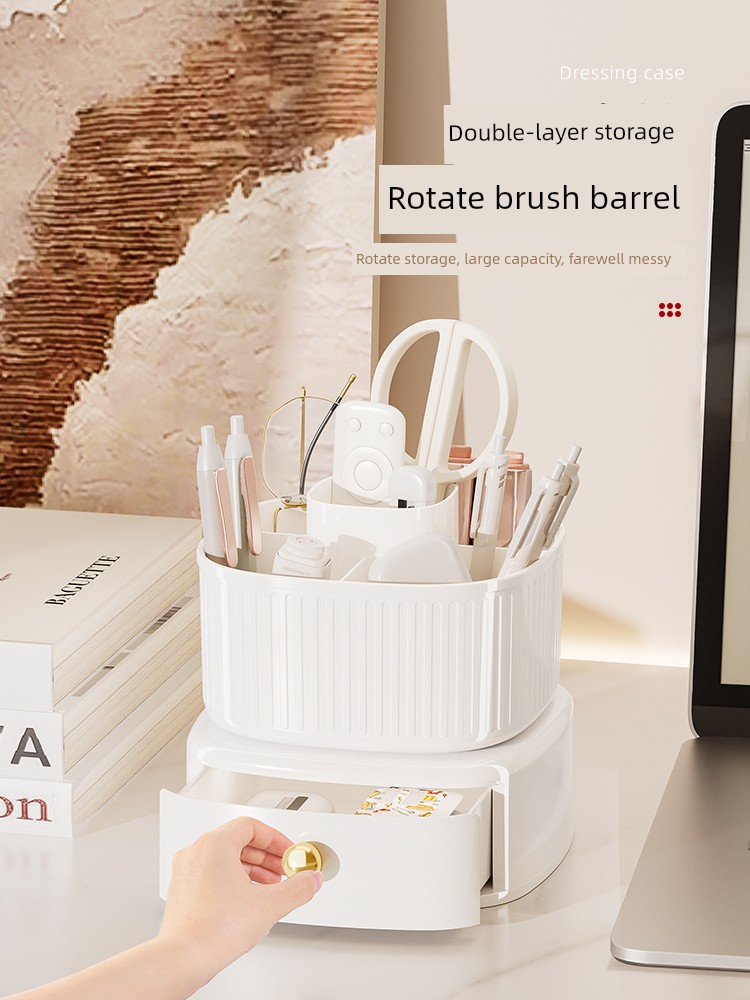 One Seat Forgot Rotate Pen Container Makeup Brush Storage Tube Accessible Luxury Office Desk Surface Panel Stationery Organizing Box Station Handy Gadget