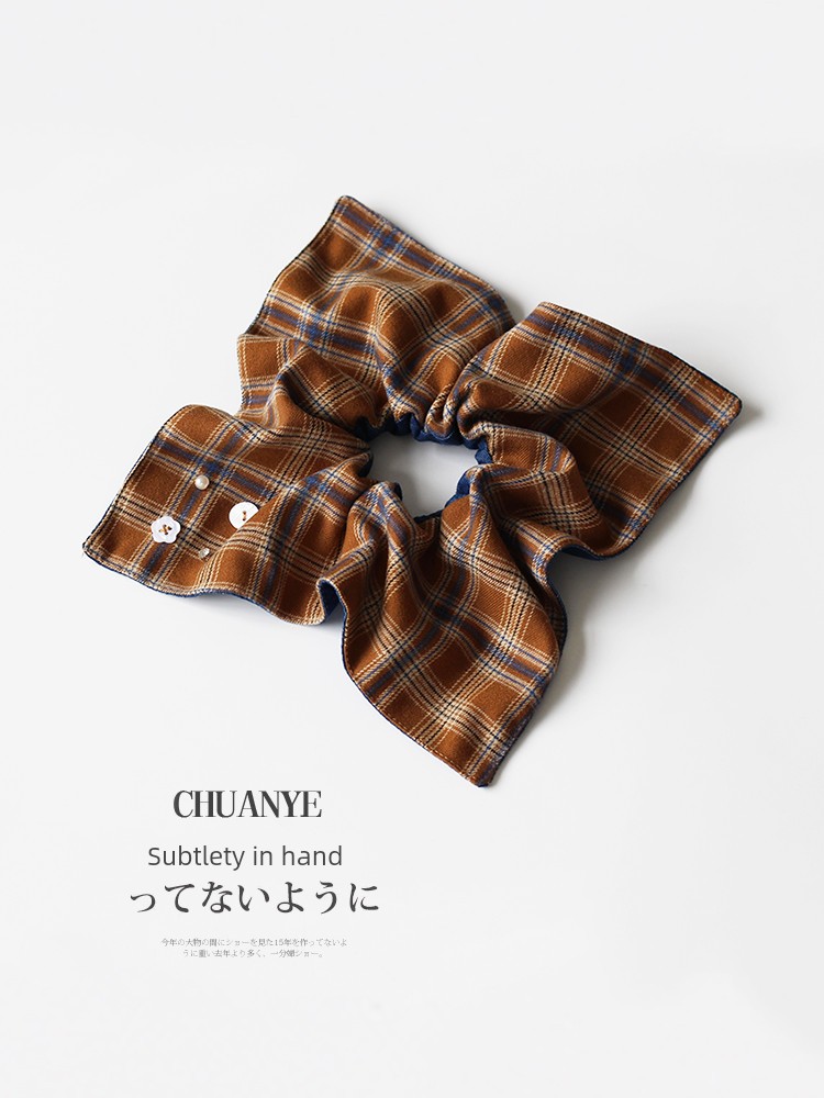 Kawano Elegant Hair Volume Plaid Contrast Color Hair Accessories Hair Ring Fashion All-Match Square Scarf Hair Rope Headband Retro Button Ornament