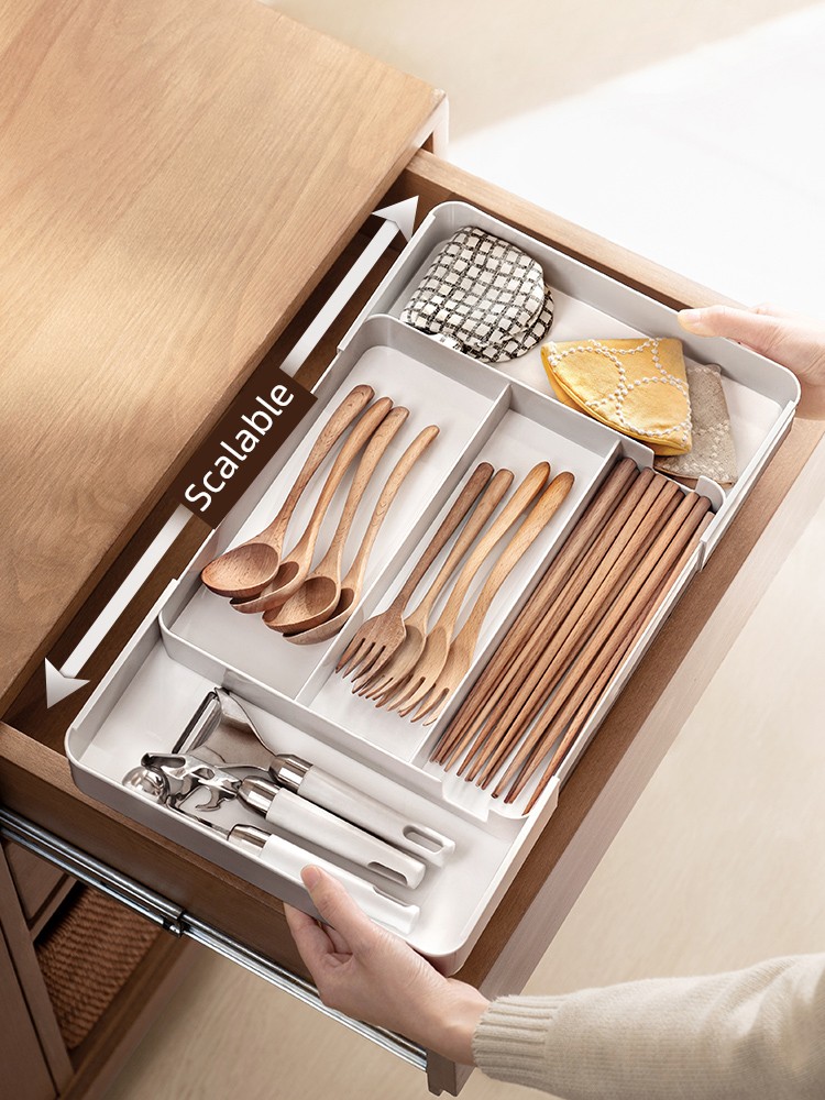 Retractable Drawer Storage Box Partitioned Organizing Box Kitchen Cupboard Tableware Drawer Box Storage Box Stationery Divider Box