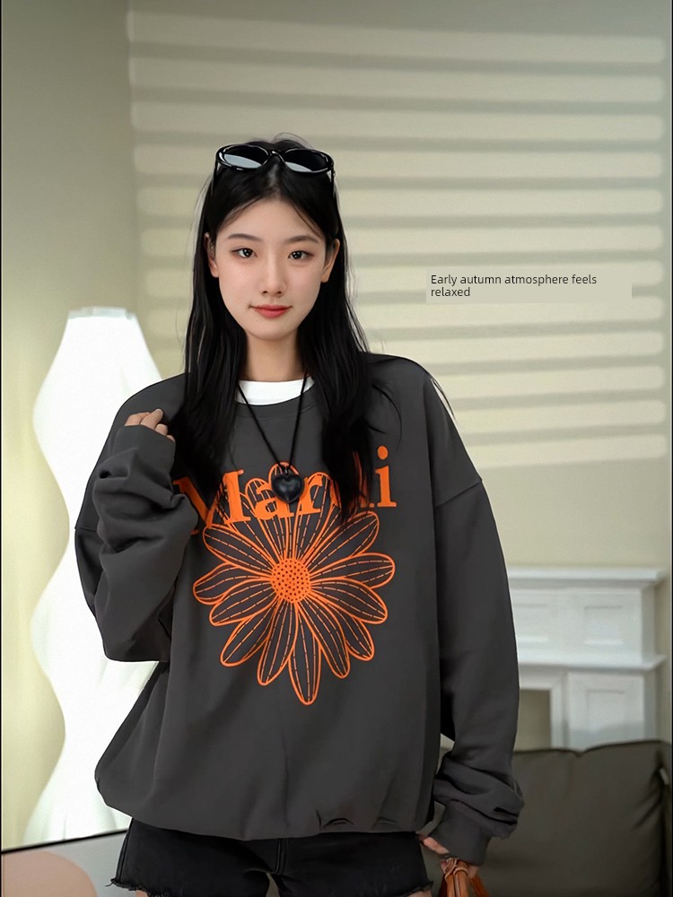 European Goods American Street Trendy Little Daisy Printed Crew Neck Sweatshirt Female Spring & Fall Loose Easiest for Match Fashion Long Sleeve Top