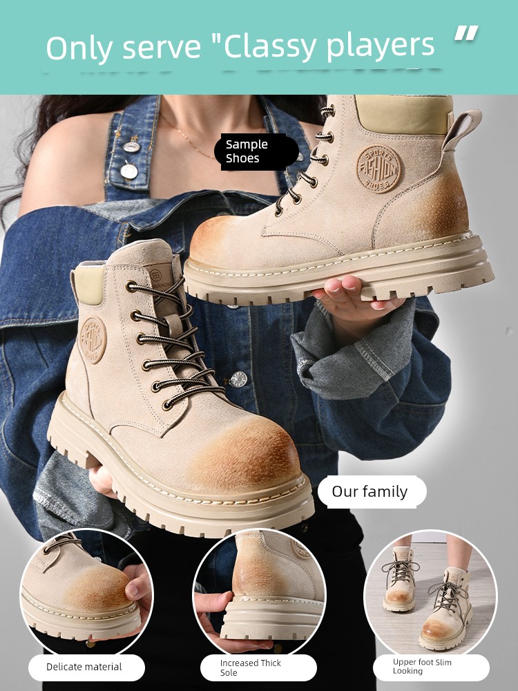 Creamy-white Boots Women's Men's British Style Thick Sole Increased Outdoor Climbing Boots Genuine Leather Fall and Winter Mid-Top Boots