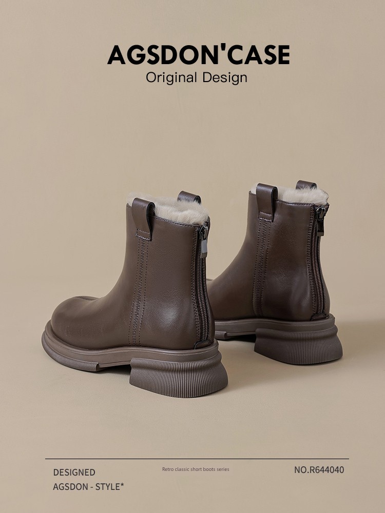 Fleece-lined Boots Women's 2024 New British Style Autumn and Winter Brown Thick Sole Ankle Boots Waterproof Non-Slip Snow Boots