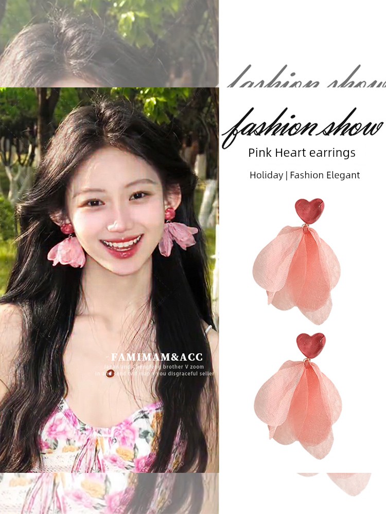 Super Fairy Pink Heart Mesh Earrings for Girls Vacation Style Chiffon Sweet Earrings Summer Elegant Fancy Earrings