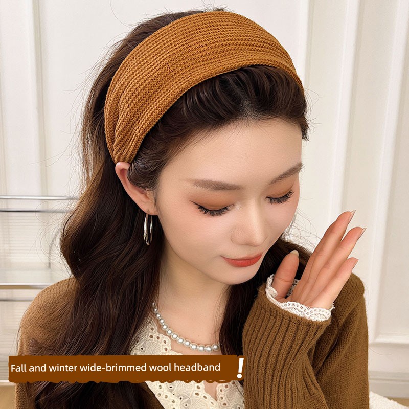 Retro Knitting Wide Brim Hair Band Female Fancy Face Wash Hair Band Fall and Winter High Skull Top Hair Pressing Hairpin Old Money Style Headdress