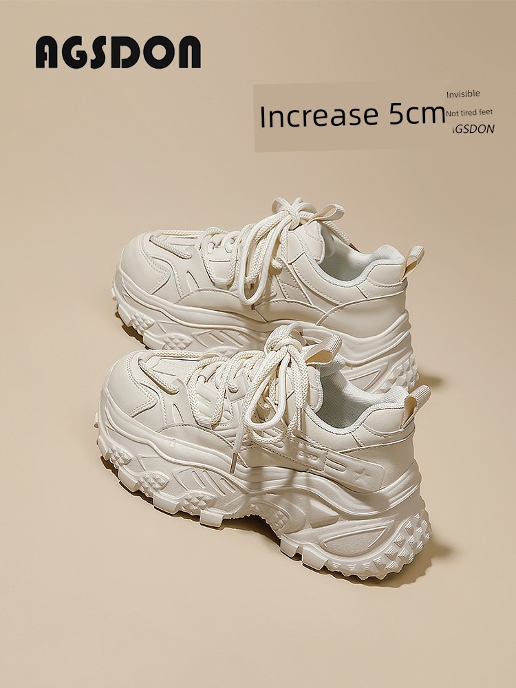 White Clunky Sneakers Women's 2024 New Arrival Summer Thick Sole Increased Super Hot All-Match White Shoes Show Feet Small Sports Fried Street