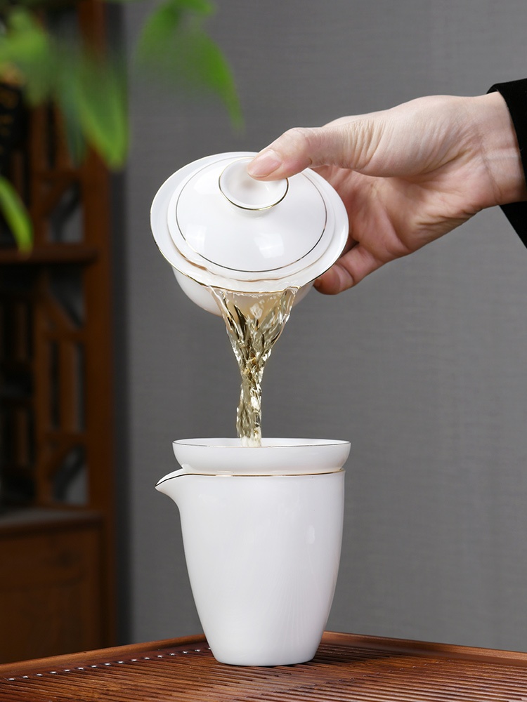 Dehua White Jade White Porcelain Kung Fu Lidded Bowl Tea Set Suit For Home Accessible Luxury High-End Office Teapot Tea Cup Gift