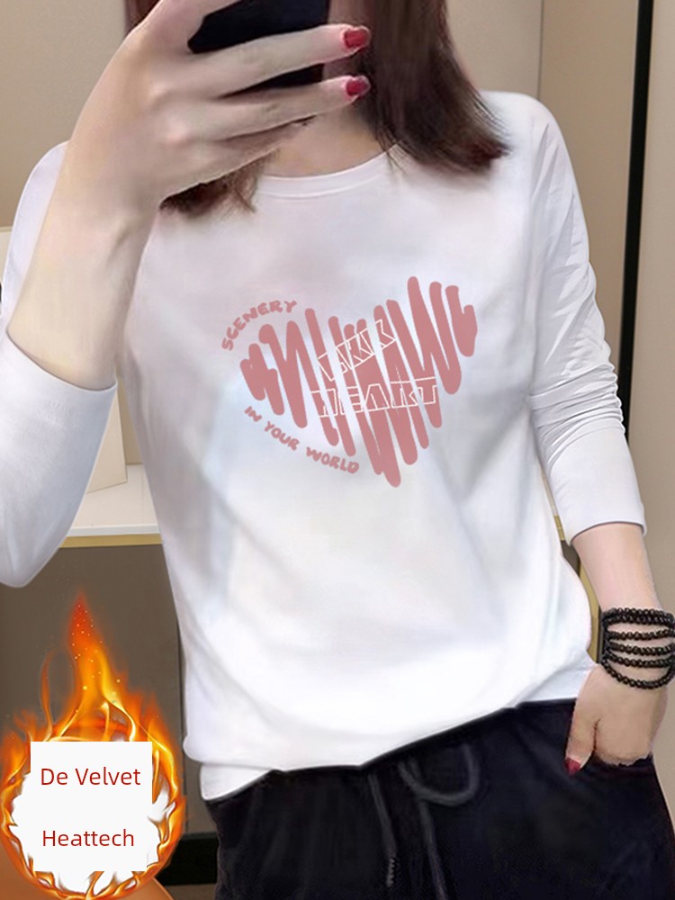 2025 Shoulder Long Sleeves T-shirt Women's White Bottoming Shirt Women's Inner Wear Fleece-lined Autumn and Winter Dralon Loose Tops Isn Fashion