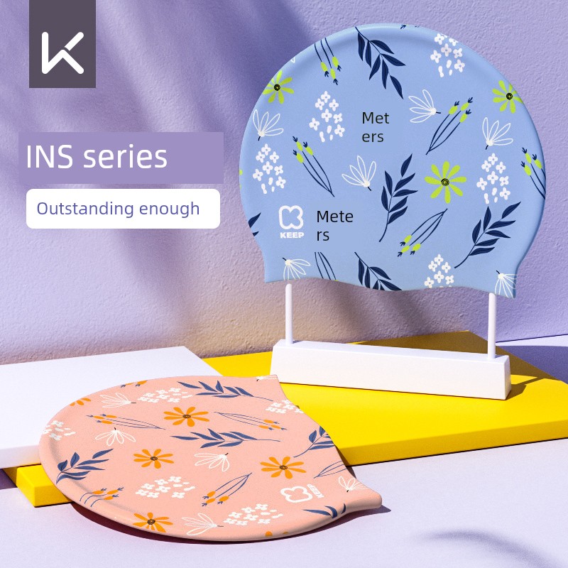 Keep Swimming Cap Female Silicone Waterproof Not Squeezing Head Fashion Printed Swimming Cap Plaid Long Hair plus Size No. Ear-Protecting Swimming Cap