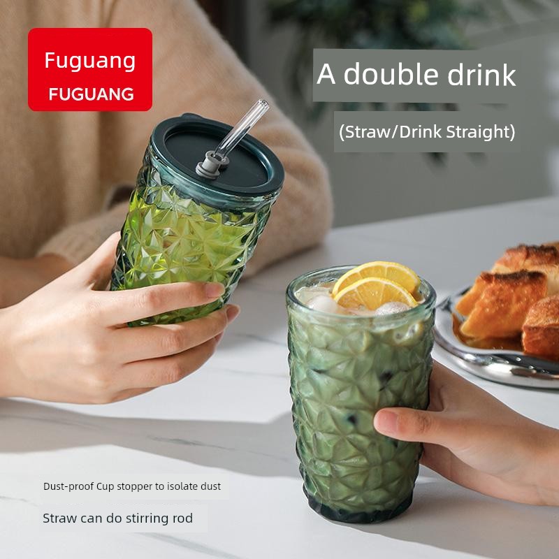 Fuguang Glass with Lid Cup with Straw Household Drinking Cups Good-looking Coffee Cup Milk Cup Girl Drinking Bottle