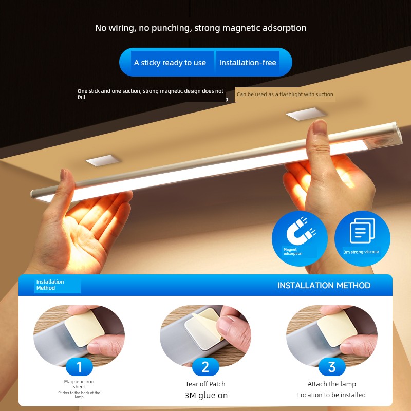 Wardrobe Human Body Sensor Led Cabinet Light with Magnetic Suction Rechargeable Smart Wireless Self-Adhesive Kitchen Wine Cabinet Night Light Bar