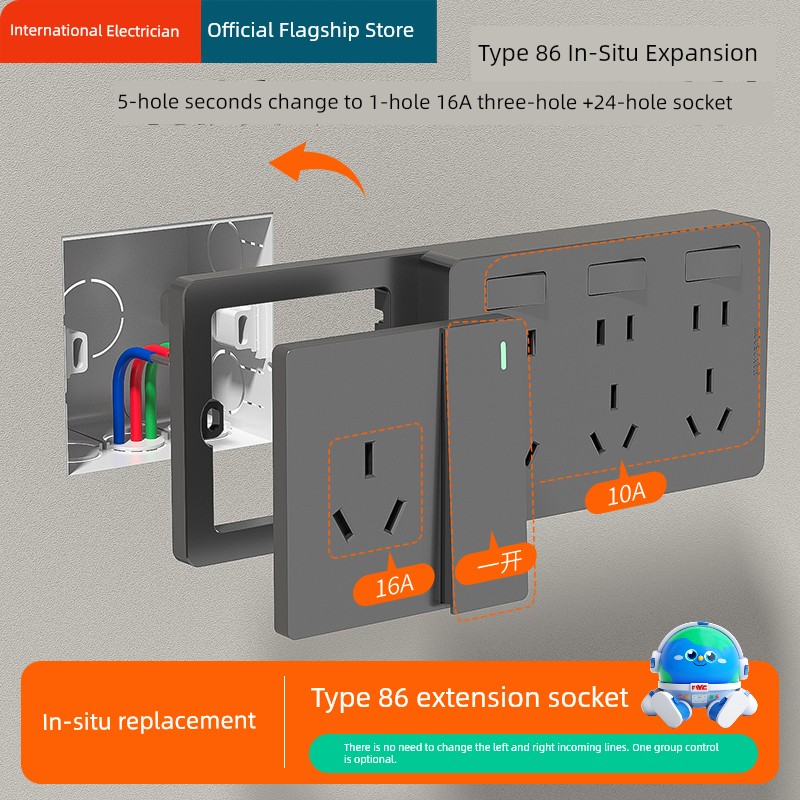 Expansion Socket 4000W with Switch Wall 16A Large Power Socket Multi-Function Wiring Free Expansion Socket