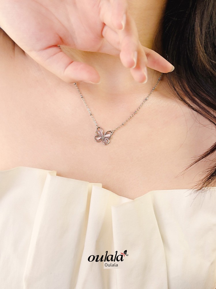 Girlish Style Pink Butterfly Necklace for Women Minimalist Student Short Necklace 2023 New Arrival Summer Mori Girls' Titanium Steel Ornament