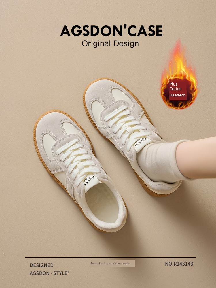 Augusto Fleece-lined German Training Shoes Women's 2024 New Arrival Fall and Winter Thick Sole Thickened Genuine Leather Casual Versatile White Shoes