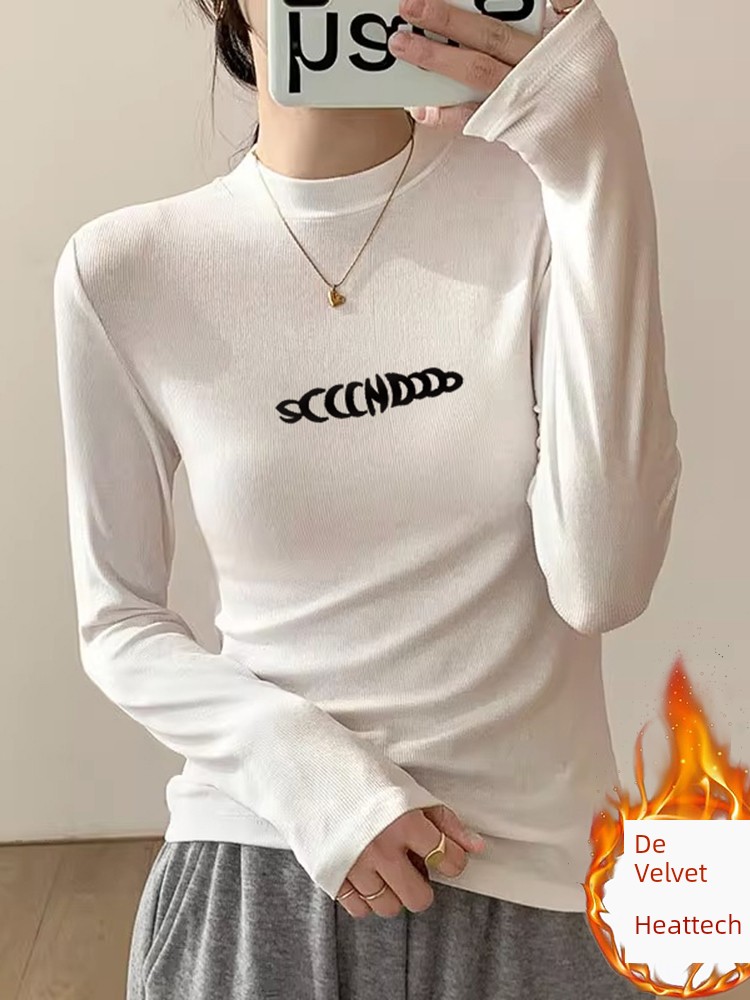 2025 Shoulder Long Sleeves T-Shirt Women's Dralon Fashion All-Match Mid-Collar Top Thickened Inner Bottoming Shirt Autumn and Winter