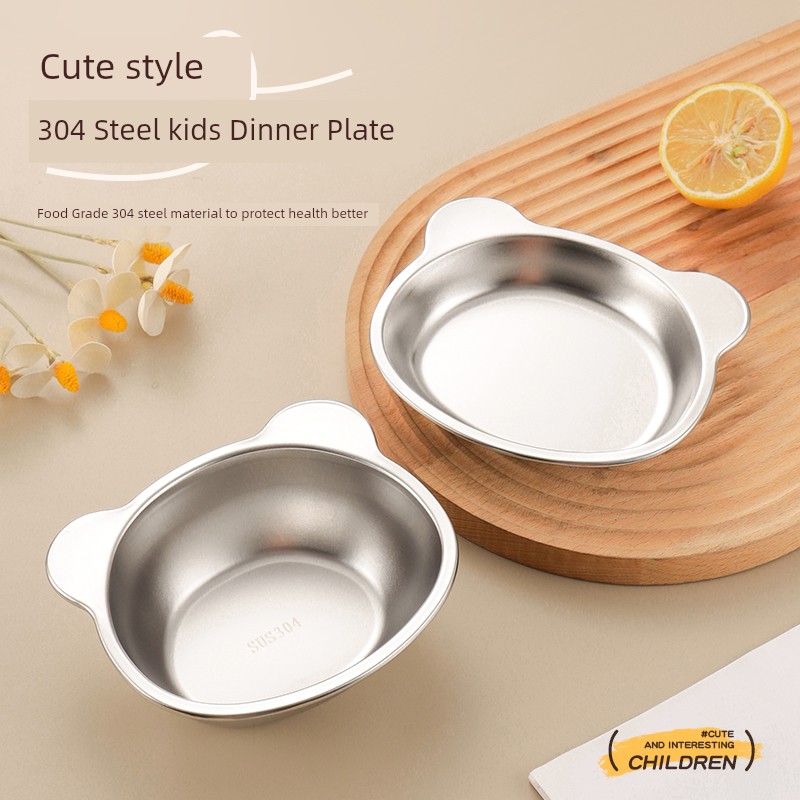 Kids 304 Stainless Steel Plate Cute Cartoon Dinner Plate Self-Eating Bowl Sucker Complementary Food Special for Baby Learning Food