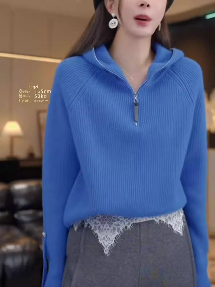 Super Nice Klein Blue White Pullover Hood Knit Leisure Commuter Wind Angora Sweater Warm Outerwear Women