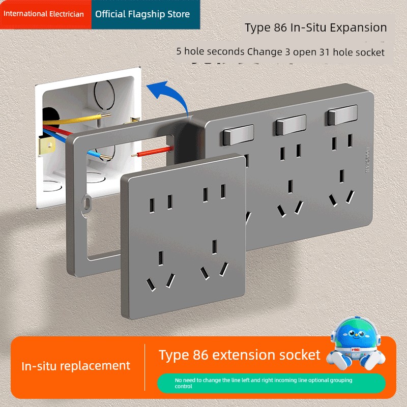 86-Type Expansion Socket 10-Hole Wall Extension Socket with Switch Multi-Functional Wiring Free Power Strip Expansion Socket