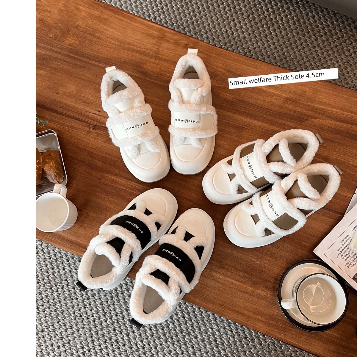 Small Welfare ~ Uncle's round Toe Vintage Fleece-lined Thickened White Shoes Female Fall and Winter Thick Sole Warm Casual Shoes