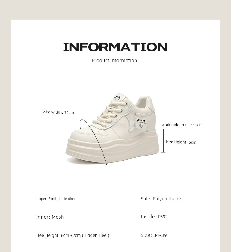 ZHR White Sneakers Women's 2025 Spring New Arrival Platform Shoes Platform Casual Shoes Best-Selling White Shoes Hidden Heel Best Selling
