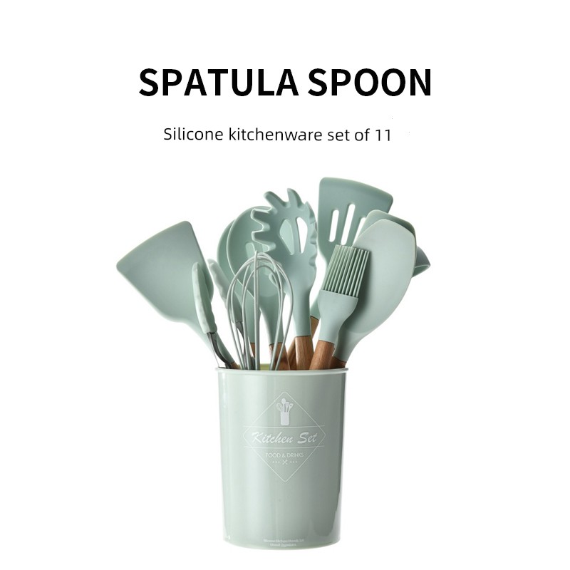 Left Hand Mall Wooden Handle Silicone Cookware Non-Stick Pan Spatula Soup Spoon For Home Kitchen High-Temperature Resistant 11 Pieces Suit