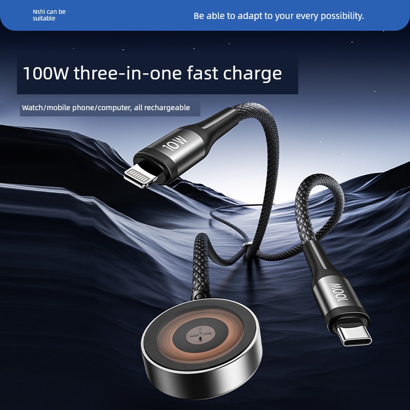 Applicable Typec to Typec + Lightning + Magnetic Watch Wireless Charger 3-in-1 Charging Wire Applicable to Apple Iphone16 Watch Iwatch9 Three-in-One Data Cable 100W