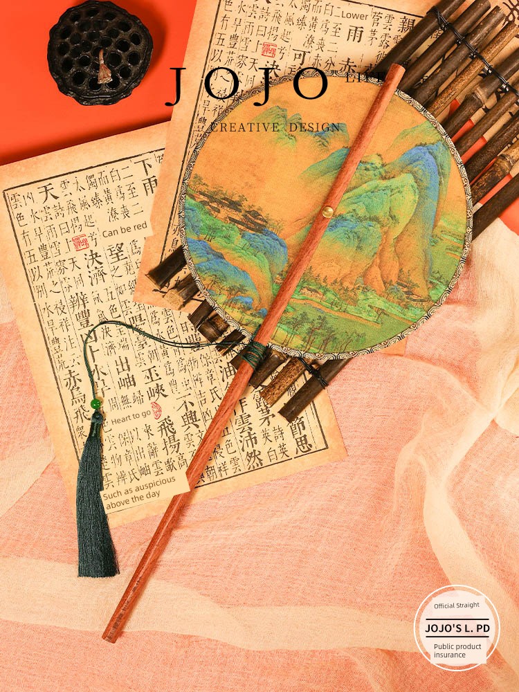 Jojo's L. Pd. Mr. Grocery. Rosewood Long Handle Chinese Ancient Style Waist Fan Can Roll Rotate Circular Fan | Blue and Blue