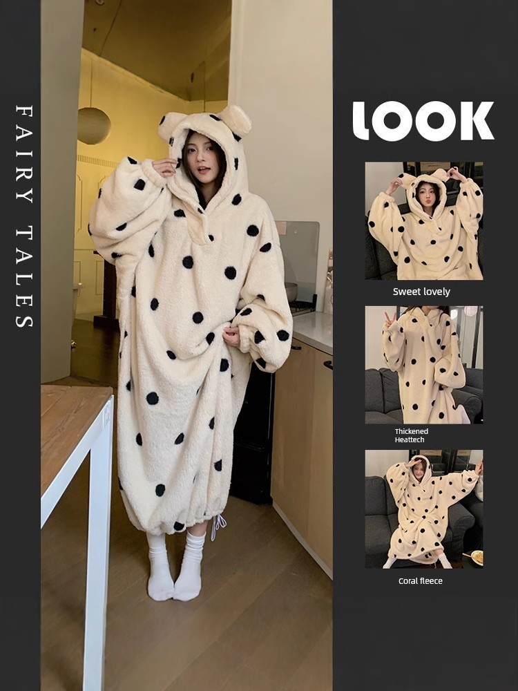 Nightdress Coral Fleece Winter One-Piece Padded Flannel Men's and Women's Same Pajamas Outwear Hooded Loose Large Nightgown