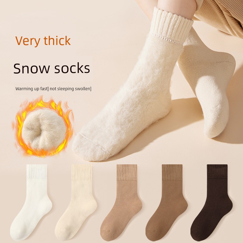 Women's Thick Socks Winter Fleece-lined Two Thickened Heattech Women's Mid-Calf Length Sock Fluff Home Floor Sleep Long Socks
