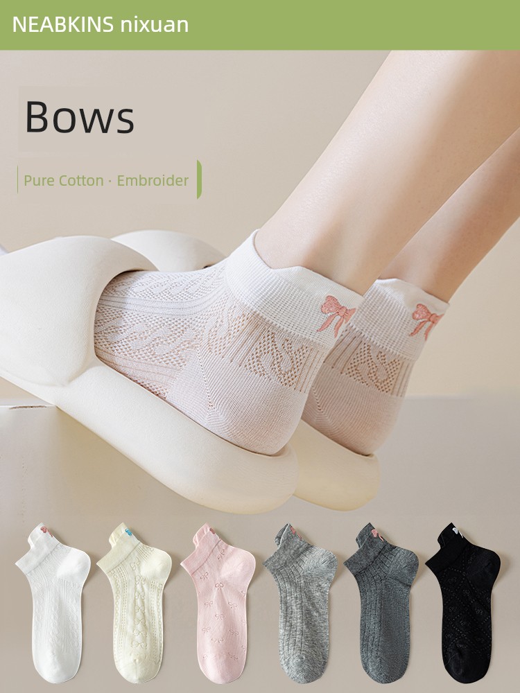 White Bow Socks Women's Summer Thin Socks Pure Cotton Mesh Breathable Seamless Socks Embroider Tube Socks Summer