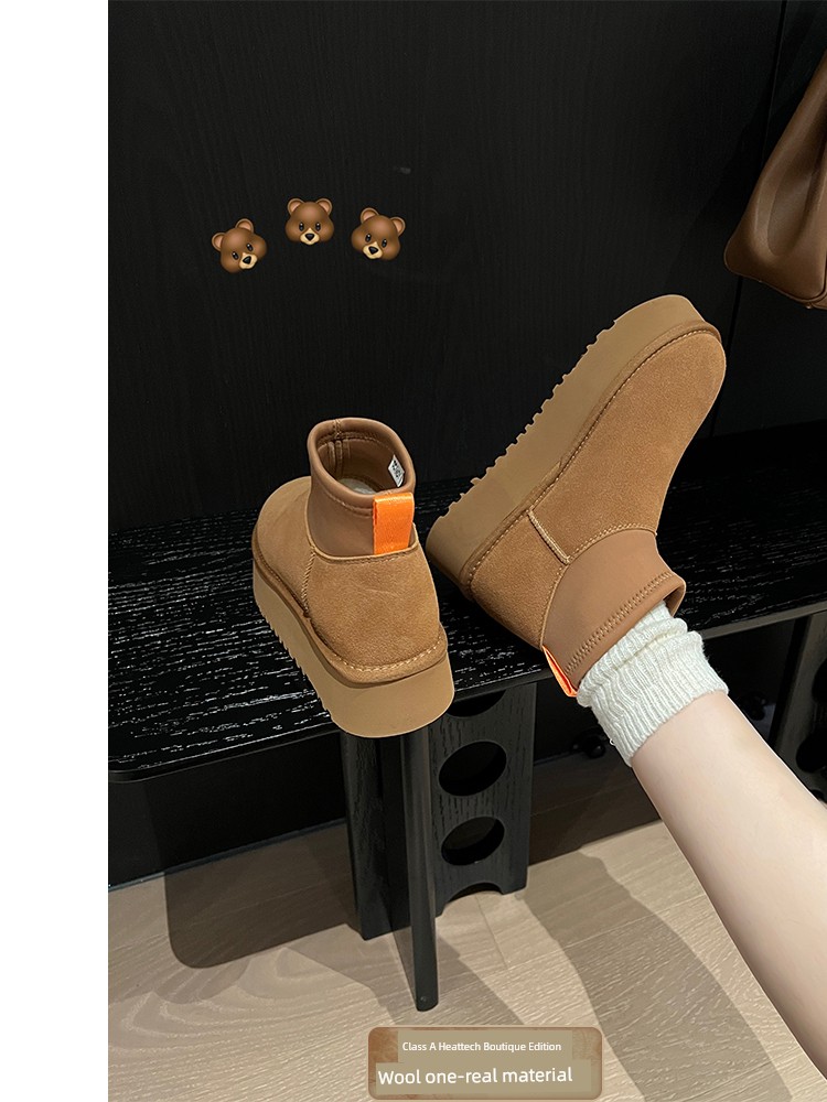 Double Face Wool Leather ~ Uncle's Leather Platform Snow Boots Women's Winter New Arrival Fleece-lined Warmth Retention Material Ankle Boots 2024