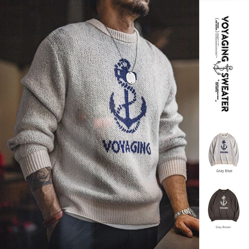 Madden Parka American Retro Knitting Boat Anchor Brocade Sweater Vintage Pullover round Neck Bottoming Shirt Men Fall and Winter
