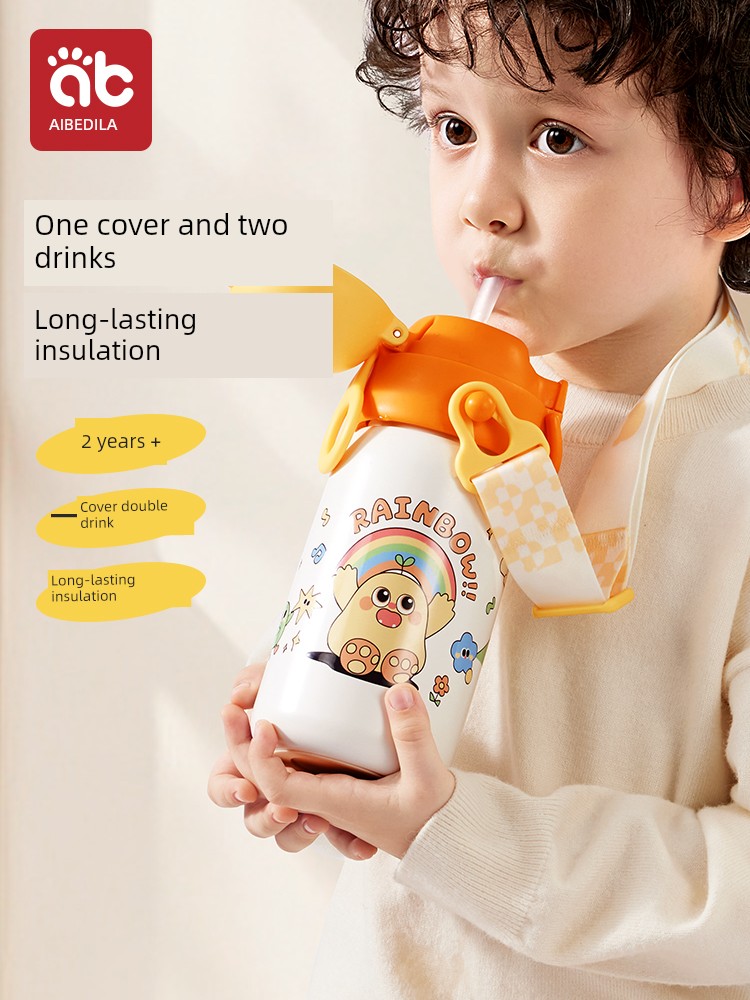 Children's Thermos Mug Baby Drinking Cup Straw Student Boy for School Girls Water Kettle-1 to 3 Years Old
