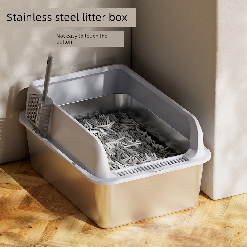 Cat Pet Stainless Steel Litter Box Oversized Open Splash-Proof Cat Poop Basin Cat Litter Basin Cat Toilet Cat