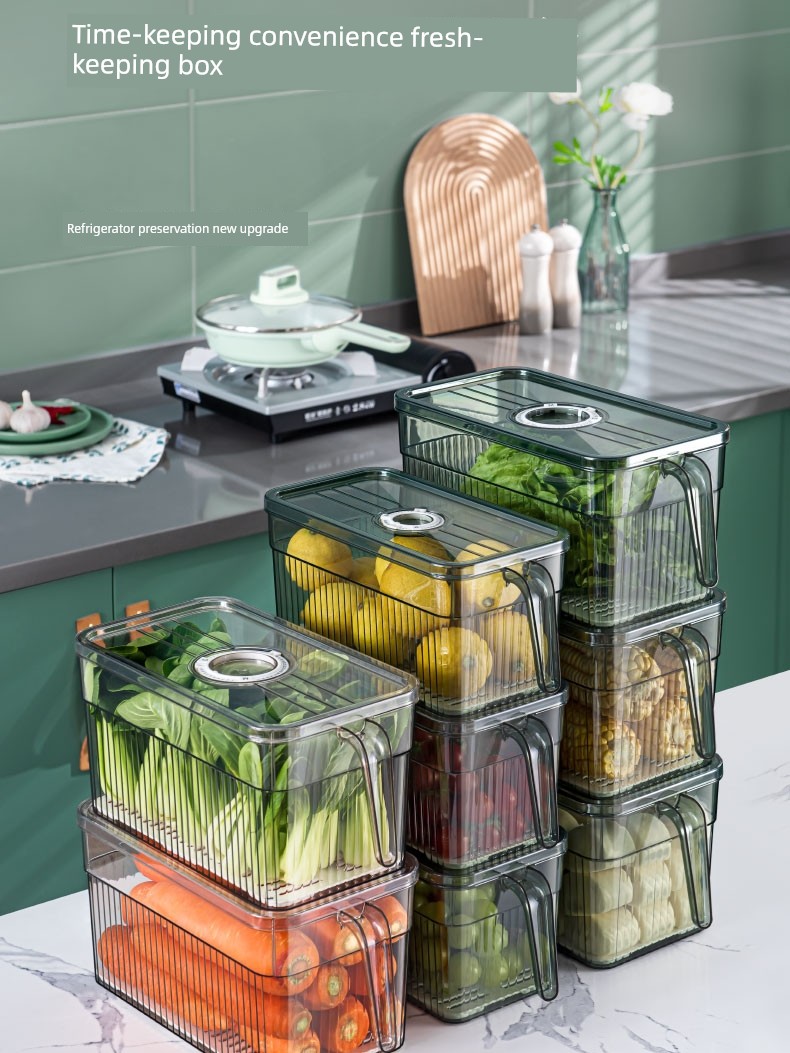Refrigerator Storage Box Food Grade Kitchen Food Preservation Box Vegetable and Fruit Timing Handle Storage Box Organize Fantastic