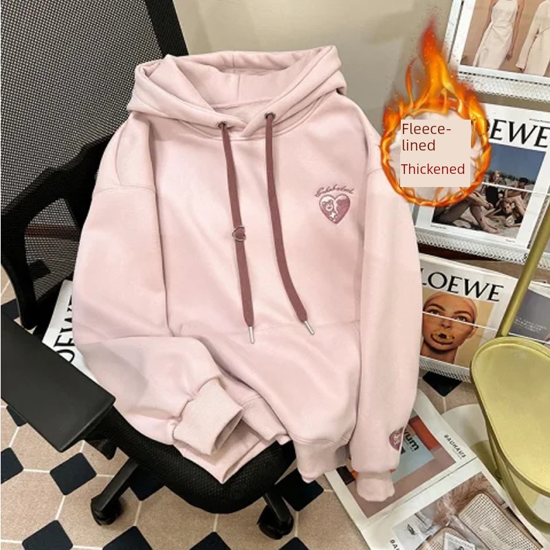 Chubby Girl Cute Cartoon Bear Embroidered Hoodie Female American Fall and Winter Fleece-lined Thicken Lazy Style Fashion Brand Coat