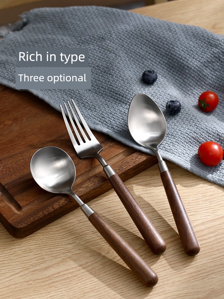 Fasola Long Handle Fork Spoon Food Grade 304 Stainless Steel For Home Western Wooden Tableware Kids Soup Meal Spoon