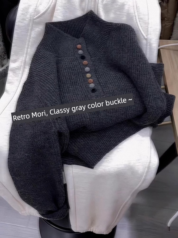 Idle Style Elegant Color Buckle Stand Collar Knitwear Sweater Women's Spring and Autumn New Arrival Elegant Fashionable and Reducing Age Chic Tops