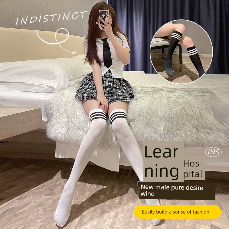 Pure Desire Stockings Women's White Stripes Half Knee Socks Black Sexy Compression Stockings Preppy Style JK Calf Socks