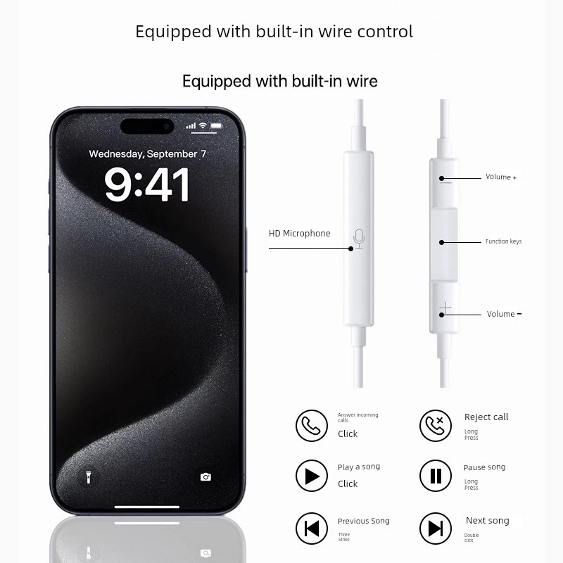 Применимая проводная гарнитура с интерфейсом Typec для Apple iPhone 15 с кабелем, мобильный телефон 15 Pro Max, i15 Plus