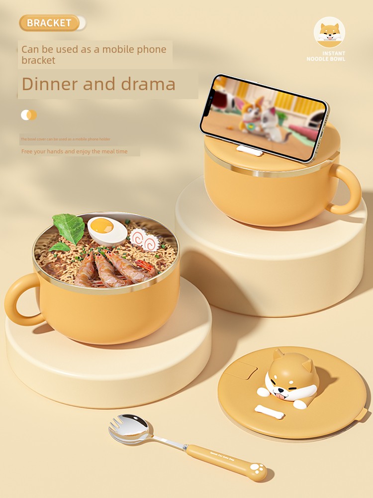 304 Stainless Steel Instant Noodle Bowl Multi-Functional Lunch Box with Lid Large Capacity Student Only Dormitory Office Worker Canteen Meal Bowl