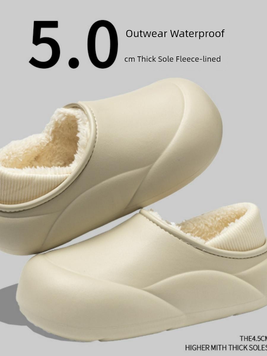 Fleece-Lined Waterproof Cotton Slippers Female Home Thick-Soled Confinement Shoes Fall and Winter Indoor Home Couple Confinement Ankle Wrap Cotton Shoes Male