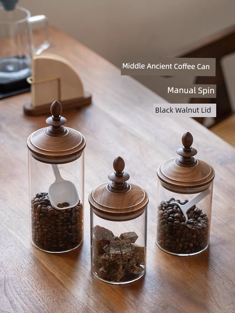 Fanhan Black Walnut Japanese Retro Coffee Bean Storage Tank Wooden Lid Glass Storage Tank Sealed Storage Tank